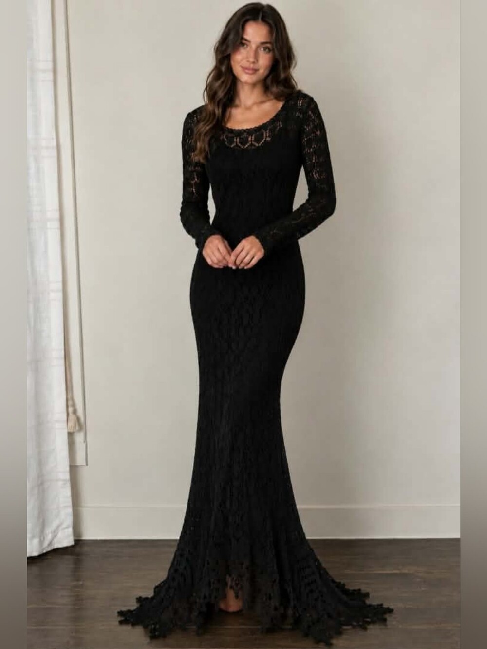 Peruvian Connection Black Crochet Uneven Hem Bronze Trim Maxi Dress